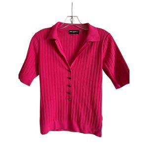 Karl Lagerfeld Paris Ribbed Button Front Collared Short Sleeve V Neck Sweater S